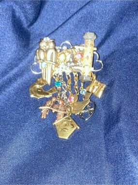 Gold-Tone Birdhouse Charm Brooch with Dangle Charms-Vintage